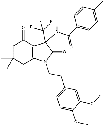 N-[1-[2-(3,4-dimethoxyphenyl)ethyl]-6,6-dimethyl-2,4-dioxo-3-(trifluoromethyl)-2,3,4,5,6,7-hexahydro-1H-indol-3-yl]-4-methylbenzamide 结构式