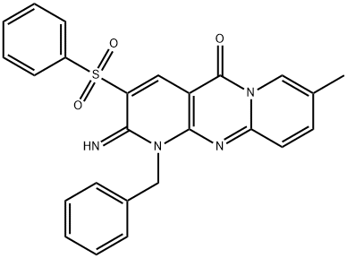 1-benzyl-2-imino-8-methyl-3-(phenylsulfonyl)-1,2-dihydro-5H-dipyrido[1,2-a:2,3-d]pyrimidin-5-one 结构式
