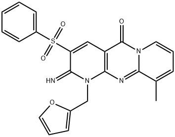 1-(2-furylmethyl)-2-imino-10-methyl-3-(phenylsulfonyl)-1,2-dihydro-5H-dipyrido[1,2-a:2,3-d]pyrimidin-5-one 结构式