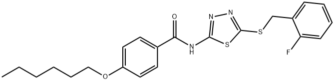 N-{5-[(2-fluorobenzyl)sulfanyl]-1,3,4-thiadiazol-2-yl}-4-(hexyloxy)benzamide 结构式