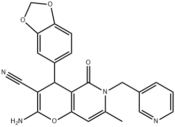 2-amino-4-(1,3-benzodioxol-5-yl)-7-methyl-5-oxo-6-(3-pyridinylmethyl)-5,6-dihydro-4H-pyrano[3,2-c]pyridine-3-carbonitrile 结构式