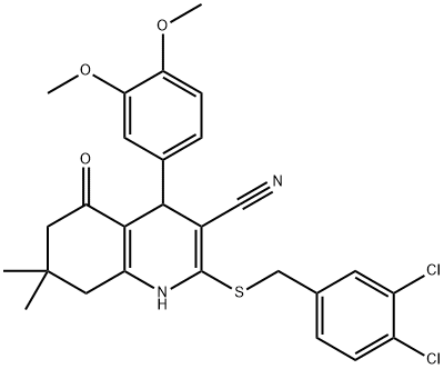 2-[(3,4-dichlorobenzyl)sulfanyl]-4-(3,4-dimethoxyphenyl)-7,7-dimethyl-5-oxo-1,4,5,6,7,8-hexahydro-3-quinolinecarbonitrile 结构式