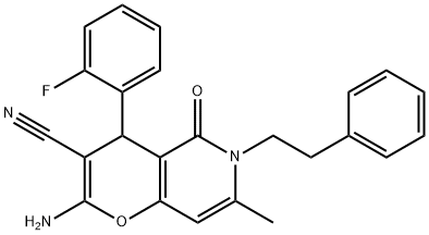 2-amino-4-(2-fluorophenyl)-7-methyl-5-oxo-6-(2-phenylethyl)-5,6-dihydro-4H-pyrano[3,2-c]pyridine-3-carbonitrile 结构式