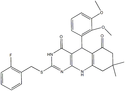 5-(2,3-dimethoxyphenyl)-2-[(2-fluorobenzyl)sulfanyl]-8,8-dimethyl-5,8,9,10-tetrahydropyrimido[4,5-b]quinoline-4,6(3H,7H)-dione 结构式
