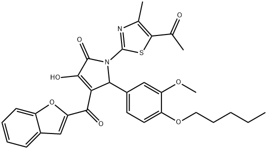 1-(5-acetyl-4-methyl-1,3-thiazol-2-yl)-4-(1-benzofuran-2-ylcarbonyl)-3-hydroxy-5-[3-methoxy-4-(pentyloxy)phenyl]-1,5-dihydro-2H-pyrrol-2-one 结构式