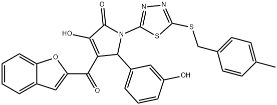 4-(1-benzofuran-2-ylcarbonyl)-3-hydroxy-5-(3-hydroxyphenyl)-1-{5-[(4-methylbenzyl)sulfanyl]-1,3,4-thiadiazol-2-yl}-1,5-dihydro-2H-pyrrol-2-one 结构式