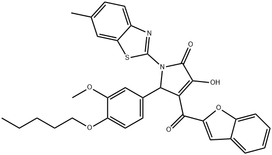 4-(1-benzofuran-2-ylcarbonyl)-3-hydroxy-5-[3-methoxy-4-(pentyloxy)phenyl]-1-(6-methyl-1,3-benzothiazol-2-yl)-1,5-dihydro-2H-pyrrol-2-one 结构式