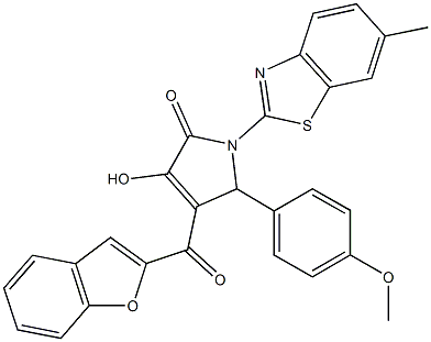 4-(1-benzofuran-2-ylcarbonyl)-3-hydroxy-5-(4-methoxyphenyl)-1-(6-methyl-1,3-benzothiazol-2-yl)-1,5-dihydro-2H-pyrrol-2-one 结构式