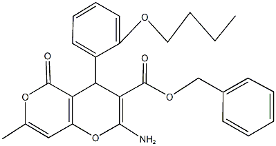 benzyl 2-amino-4-(2-butoxyphenyl)-7-methyl-5-oxo-4H,5H-pyrano[4,3-b]pyran-3-carboxylate 结构式