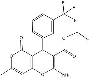 ethyl 2-amino-7-methyl-5-oxo-4-[3-(trifluoromethyl)phenyl]-4H,5H-pyrano[4,3-b]pyran-3-carboxylate 结构式