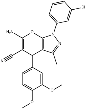 6-amino-1-(3-chlorophenyl)-4-(3,4-dimethoxyphenyl)-3-methyl-1,4-dihydropyrano[2,3-c]pyrazole-5-carbonitrile 结构式