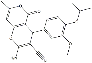 2-amino-4-(4-isopropoxy-3-methoxyphenyl)-7-methyl-5-oxo-4H,5H-pyrano[4,3-b]pyran-3-carbonitrile 结构式