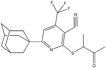 6-(1-adamantyl)-2-[(1-methyl-2-oxopropyl)sulfanyl]-4-(trifluoromethyl)nicotinonitrile 结构式