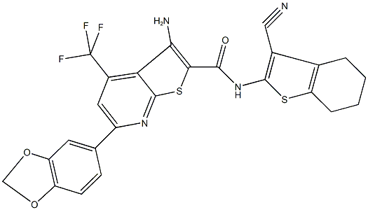 3-amino-6-(1,3-benzodioxol-5-yl)-N-(3-cyano-4,5,6,7-tetrahydro-1-benzothien-2-yl)-4-(trifluoromethyl)thieno[2,3-b]pyridine-2-carboxamide 结构式