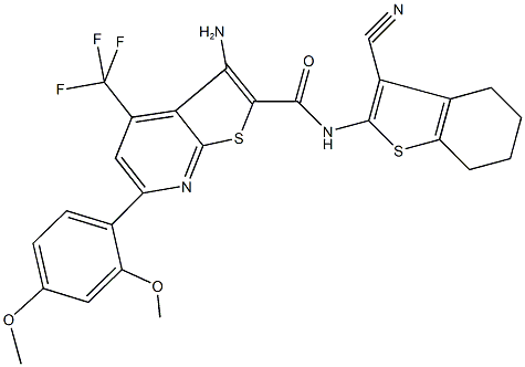 3-amino-N-(3-cyano-4,5,6,7-tetrahydro-1-benzothien-2-yl)-6-(2,4-dimethoxyphenyl)-4-(trifluoromethyl)thieno[2,3-b]pyridine-2-carboxamide 结构式