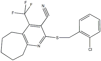 2-[(2-chlorobenzyl)sulfanyl]-4-(trifluoromethyl)-6,7,8,9-tetrahydro-5H-cyclohepta[b]pyridine-3-carbonitrile 结构式