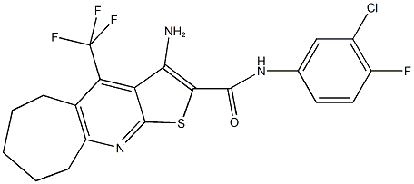 3-amino-N-(3-chloro-4-fluorophenyl)-4-(trifluoromethyl)-6,7,8,9-tetrahydro-5H-cyclohepta[b]thieno[3,2-e]pyridine-2-carboxamide 结构式