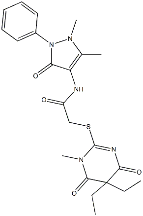 2-[(5,5-diethyl-1-methyl-4,6-dioxo-1,4,5,6-tetrahydro-2-pyrimidinyl)sulfanyl]-N-(1,5-dimethyl-3-oxo-2-phenyl-2,3-dihydro-1H-pyrazol-4-yl)acetamide 结构式