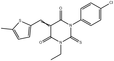 1-(4-chlorophenyl)-3-ethyl-5-[(5-methyl-2-thienyl)methylene]-2-thioxodihydro-4,6(1H,5H)-pyrimidinedione 结构式