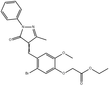 ethyl {5-bromo-2-methoxy-4-[(3-methyl-5-oxo-1-phenyl-1,5-dihydro-4H-pyrazol-4-ylidene)methyl]phenoxy}acetate 结构式