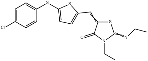 5-({5-[(4-chlorophenyl)sulfanyl]thien-2-yl}methylene)-3-ethyl-2-(ethylimino)-1,3-thiazolidin-4-one 结构式