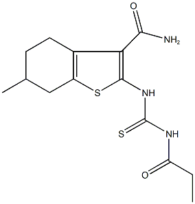 6-methyl-2-{[(propionylamino)carbothioyl]amino}-4,5,6,7-tetrahydro-1-benzothiophene-3-carboxamide 结构式