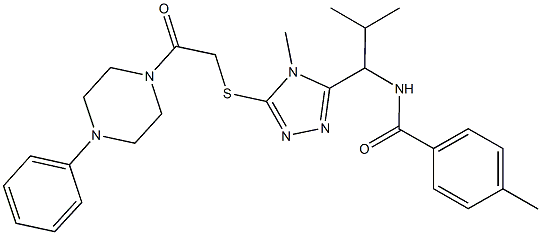 4-methyl-N-[2-methyl-1-(4-methyl-5-{[2-oxo-2-(4-phenyl-1-piperazinyl)ethyl]sulfanyl}-4H-1,2,4-triazol-3-yl)propyl]benzamide 结构式