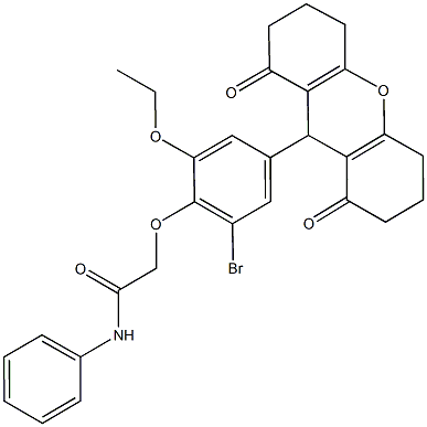 2-[2-bromo-4-(1,8-dioxo-2,3,4,5,6,7,8,9-octahydro-1H-xanthen-9-yl)-6-ethoxyphenoxy]-N-phenylacetamide 结构式