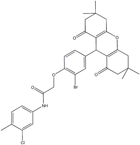 2-[2-bromo-4-(3,3,6,6-tetramethyl-1,8-dioxo-2,3,4,5,6,7,8,9-octahydro-1H-xanthen-9-yl)phenoxy]-N-(3-chloro-4-methylphenyl)acetamide 结构式