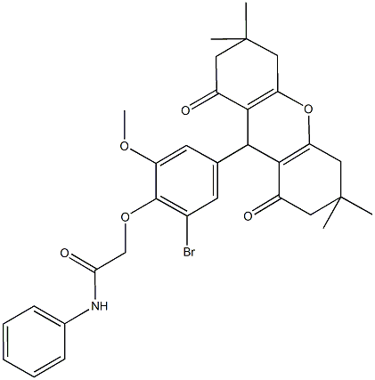 2-[2-bromo-6-methoxy-4-(3,3,6,6-tetramethyl-1,8-dioxo-2,3,4,5,6,7,8,9-octahydro-1H-xanthen-9-yl)phenoxy]-N-phenylacetamide 结构式