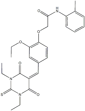 2-{4-[(1,3-diethyl-4,6-dioxo-2-thioxotetrahydro-5(2H)-pyrimidinylidene)methyl]-2-ethoxyphenoxy}-N-(2-methylphenyl)acetamide 结构式