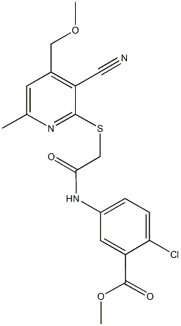 methyl 2-chloro-5-[({[3-cyano-4-(methoxymethyl)-6-methyl-2-pyridinyl]sulfanyl}acetyl)amino]benzoate 结构式