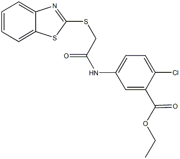 ethyl 5-{[(1,3-benzothiazol-2-ylsulfanyl)acetyl]amino}-2-chlorobenzoate 结构式