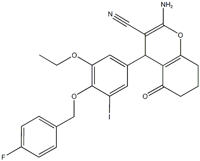 2-amino-4-{3-ethoxy-4-[(4-fluorobenzyl)oxy]-5-iodophenyl}-5-oxo-5,6,7,8-tetrahydro-4H-chromene-3-carbonitrile 结构式