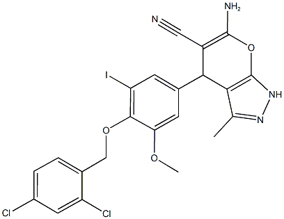 6-amino-4-{4-[(2,4-dichlorobenzyl)oxy]-3-iodo-5-methoxyphenyl}-3-methyl-1,4-dihydropyrano[2,3-c]pyrazole-5-carbonitrile 结构式