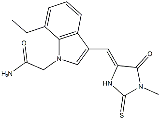 2-{7-ethyl-3-[(1-methyl-5-oxo-2-thioxo-4-imidazolidinylidene)methyl]-1H-indol-1-yl}acetamide 结构式