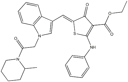 ethyl 2-anilino-5-({1-[2-(2-methyl-1-piperidinyl)-2-oxoethyl]-1H-indol-3-yl}methylene)-4-oxo-4,5-dihydro-3-thiophenecarboxylate 结构式