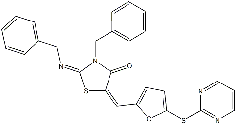 3-benzyl-2-(benzylimino)-5-{[5-(2-pyrimidinylsulfanyl)-2-furyl]methylene}-1,3-thiazolidin-4-one 结构式