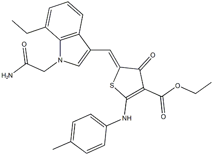 ethyl 5-{[1-(2-amino-2-oxoethyl)-7-ethyl-1H-indol-3-yl]methylene}-4-oxo-2-(4-toluidino)-4,5-dihydro-3-thiophenecarboxylate 结构式