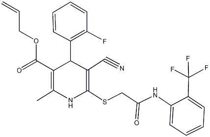 allyl 5-cyano-4-(2-fluorophenyl)-2-methyl-6-({2-oxo-2-[2-(trifluoromethyl)anilino]ethyl}sulfanyl)-1,4-dihydro-3-pyridinecarboxylate 结构式