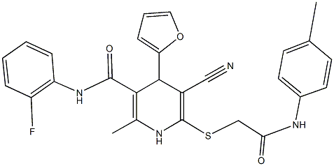 5-cyano-N-(2-fluorophenyl)-4-(2-furyl)-2-methyl-6-{[2-oxo-2-(4-toluidino)ethyl]sulfanyl}-1,4-dihydro-3-pyridinecarboxamide 结构式