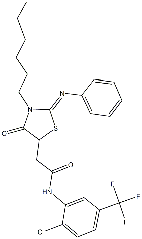 N-[2-chloro-5-(trifluoromethyl)phenyl]-2-[3-hexyl-4-oxo-2-(phenylimino)-1,3-thiazolidin-5-yl]acetamide 结构式