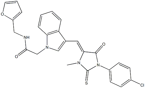 2-(3-{[1-(4-chlorophenyl)-3-methyl-5-oxo-2-thioxo-4-imidazolidinylidene]methyl}-1H-indol-1-yl)-N-(2-furylmethyl)acetamide 结构式