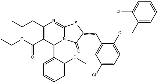 ethyl 2-{5-chloro-2-[(2-chlorobenzyl)oxy]benzylidene}-5-(2-methoxyphenyl)-3-oxo-7-propyl-2,3-dihydro-5H-[1,3]thiazolo[3,2-a]pyrimidine-6-carboxylate 结构式