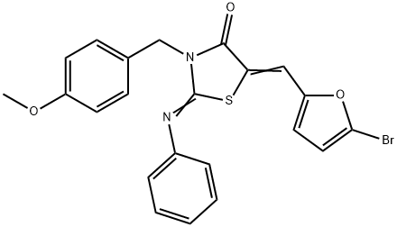 5-[(5-bromo-2-furyl)methylene]-3-(4-methoxybenzyl)-2-(phenylimino)-1,3-thiazolidin-4-one 结构式