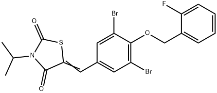 5-{3,5-dibromo-4-[(2-fluorobenzyl)oxy]benzylidene}-3-isopropyl-1,3-thiazolidine-2,4-dione 结构式