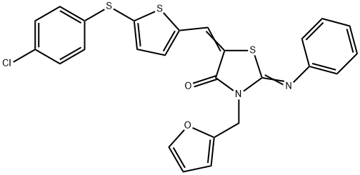 5-({5-[(4-chlorophenyl)sulfanyl]thien-2-yl}methylene)-3-(2-furylmethyl)-2-(phenylimino)-1,3-thiazolidin-4-one 结构式
