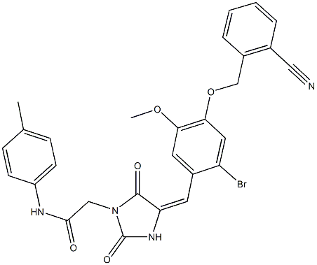 2-(4-{2-bromo-4-[(2-cyanobenzyl)oxy]-5-methoxybenzylidene}-2,5-dioxo-1-imidazolidinyl)-N-(4-methylphenyl)acetamide 结构式