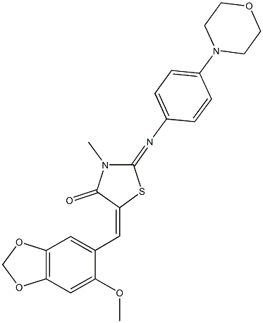 5-[(6-methoxy-1,3-benzodioxol-5-yl)methylene]-3-methyl-2-{[4-(4-morpholinyl)phenyl]imino}-1,3-thiazolidin-4-one 结构式