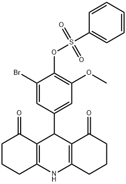 2-bromo-4-(1,8-dioxo-1,2,3,4,5,6,7,8,9,10-decahydro-9-acridinyl)-6-methoxyphenyl benzenesulfonate 结构式